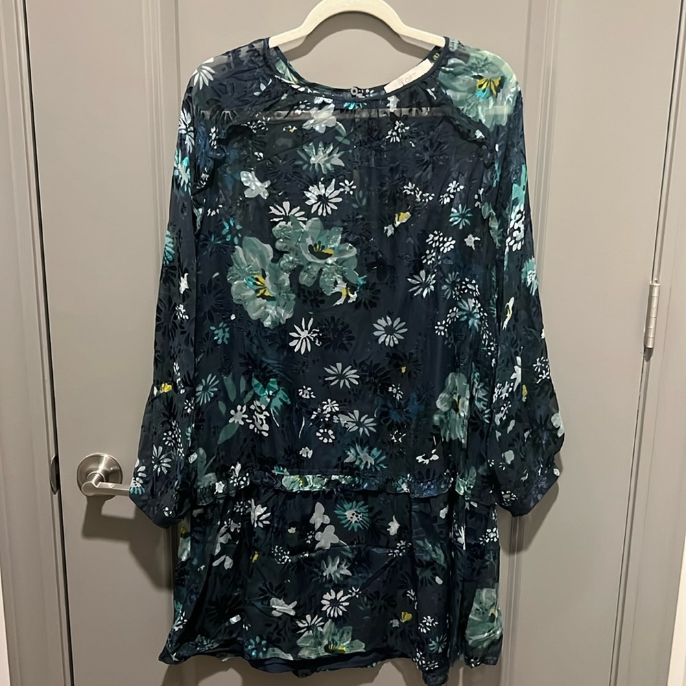 Navy Floral Dress with Sheer Overlay